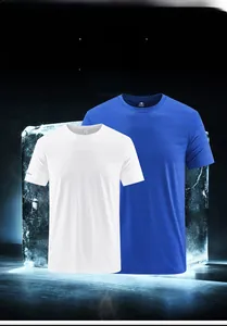 Detail of breathable quick-dry mesh fabric on white and blue athletic t-shirts