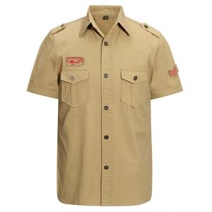 Men's khaki military short sleeve cargo shirt with embroidered patches and epaulettes