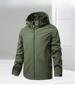Detail view of army green hooded windbreaker with adjustable velcro cuffs for men