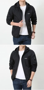 Detail of hooded men's black ice silk jacket with white logo and sleeve zipper pocket