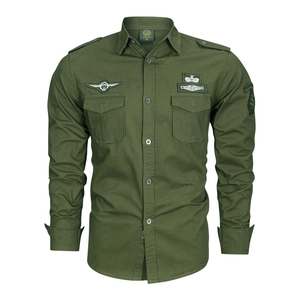 Army green long-sleeved military style work shirt with shoulder straps and embroidered patches