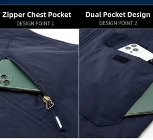 Detail of navy fleece vest featuring ripstop nylon chest zipper and velcro flap pockets
