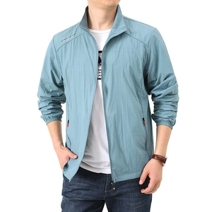 Men's lightweight UV protection summer sun jacket in light blue with stand collar and zipper