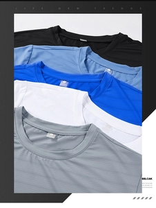 Detail of breathable mesh fabric textures on colorful men's quick-dry sports t-shirts