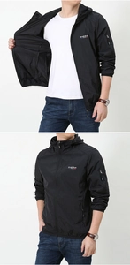 Detail view of men's black ice silk sun protection jacket with hood and zippered pocket