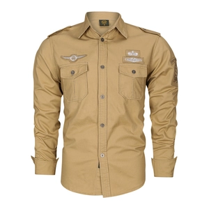 Men's khaki long sleeve tactical cargo shirt with military badges and dual chest pockets