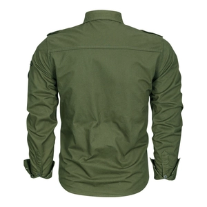 Men's army green cotton long sleeve tactical shirt with shoulder straps and back seams