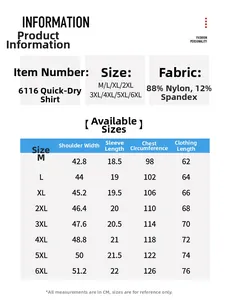 Size chart for quick-dry T-shirt showing measurements from M to 6XL in CM