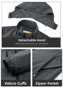 Detail view of adjustable velcro cuffs and secure zipper pockets on a gray jacket