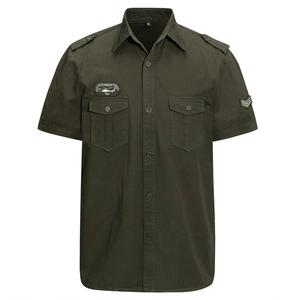 Military Short Sleeve Shirt Men Cotton Cargo Utility Button Up Top With Chest Pockets Embroidery Patches Casual Workwear