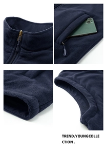 Detailed views of polar fleece vest featuring zipper pockets and durable reinforced seams