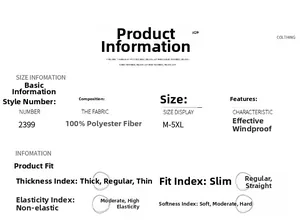 Technical chart showing 100% polyester fabric, windproof features and size range M-5XL