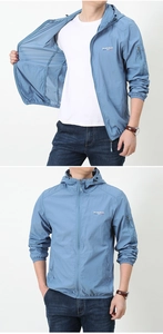 Detail view of light blue men's ice silk windbreaker showing hood and functional zippers
