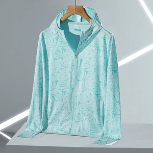 Veste de protection solaire UPF50+ en soie glacée avec imprimé tropical et passe-pouce