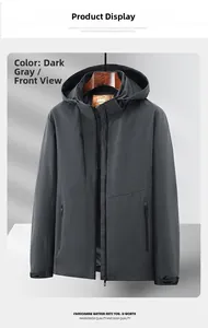 Front view of a dark grey men's outdoor waterproof jacket with a detachable hood