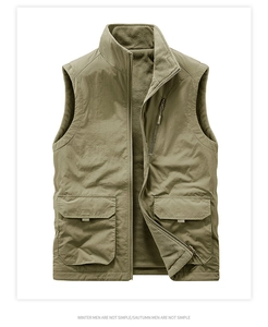 Close-up of olive cargo vest with warm fleece lining and large functional pockets