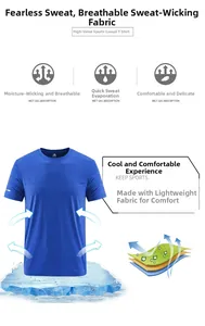 Detail of royal blue men's ice silk T-shirt showing breathable micro-mesh fabric texture