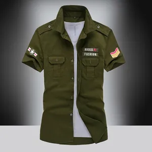 Army green short sleeve military cargo shirt with badges and dual chest pockets
