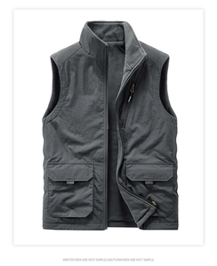 Detailed view of the windproof outdoor vest with large flap pockets and warm fleece lining