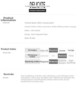 Detailed size chart and material specifications for men's waterproof outdoor jacket
