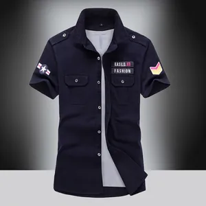 Short sleeve navy blue military cargo shirt for men with shoulder epaulets and badges