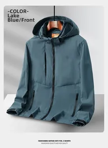 Detail view of lake blue outdoor windbreaker featuring waterproof zippers and velcro cuffs