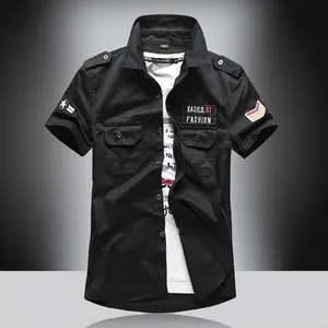 Black short sleeve military cargo shirt for men with epaulets and decorative patches