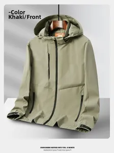 Detailed front view of men's khaki outdoor hooded jacket with multiple zipper pockets