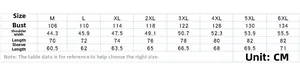 Detailed size chart for men's long sleeve cargo shirt showing M to 6XL measurements