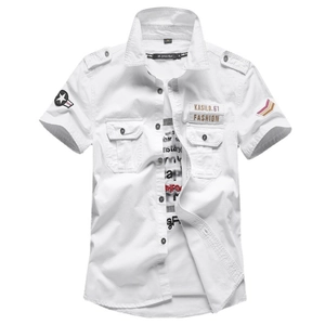 White short-sleeved military style shirt for men featuring dual chest pockets and epaulettes