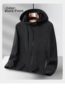 Front view of black men's hooded outdoor jacket with windproof fabric and zip pockets