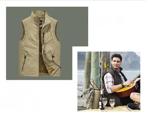 Vue détaillée du gilet polaire kaki pour homme avec col montant et doublure chaude