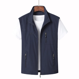 Men's outdoor dark blue zip-up vest with standing collar and chest embroidery