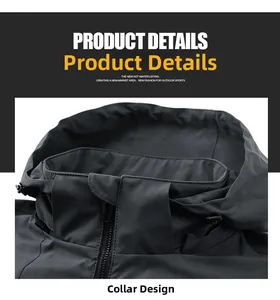 Detail showing the stand-up collar design and adjustable drawstring hood of the outdoor jacket