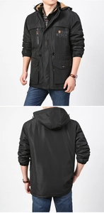 Detailed view of men's black hooded outdoor jacket with warm fleece lining and multi-pockets