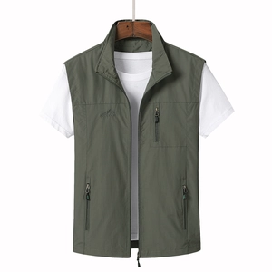 Army green outdoor utility fishing vest with zipper pockets and mountain graphic print