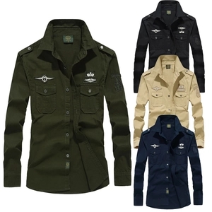 Men Long Sleeve Military Style Cargo Shirt Cotton Embroidery Patches Button Down Outdoor Casual Plus Size Work Tops