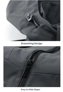 Detail of adjustable drawstring hood and front zipper on outdoor functional jacket