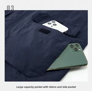 Detail of deep blue outdoor vest showing large cargo pockets with Velcro closure and extra space