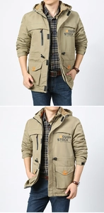 Detail view of khaki workwear jacket with chest pockets and outdoor metal hardware
