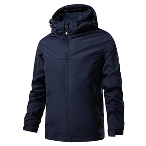 Men's dark blue windproof outdoor hooded jacket with adjustable drawstring and zip closure