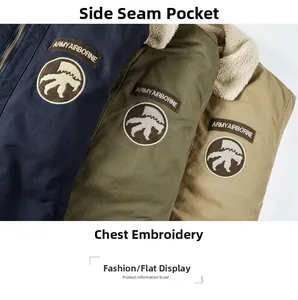Close-up of embroidered Army Airborne badges on lamb wool collar military jackets