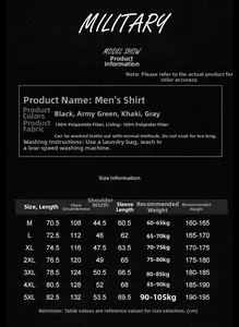Detailed size chart for men's quick-dry outdoor shirt with dimensions and fit guide