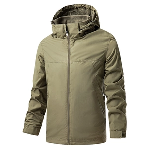 Men's olive green windproof hooded outdoor mountain jacket with waterproof ripstop fabric