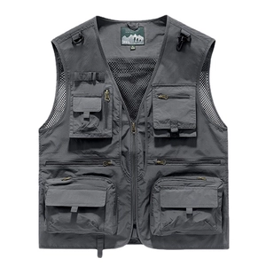 Men's outdoor multi-pocket mesh quick-dry vest for fishing and photography in grey color
