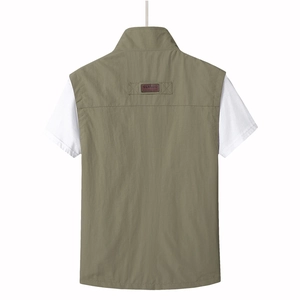 Outdoor olive green utility vest for men with classic back detail and stand collar