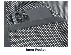 Detail of inner pocket with breathable mesh lining for outdoor jackets