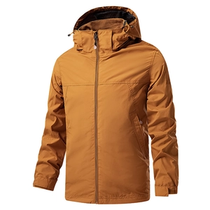 Waterproof windbreaker jacket for men featuring a hooded design and amber yellow finish
