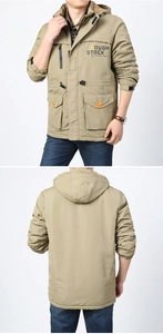 Front and back view of a khaki hooded work jacket with functional pockets and windproof fabric
