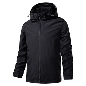 Men's black outdoor windbreaker jacket with hooded design and polyester fabric